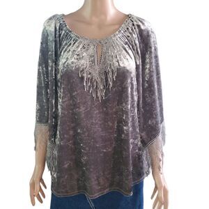 Melissa Paige Petite PM Gray Velvet Boho Fringe On/Off Shoulder Top Bell Sleeve